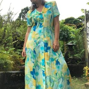 Vintage 80s Shoulder Pads Floral Maxi Dress